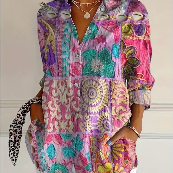 Temu Tops - Boho Patchwork Button-Up Tunic Top in Pink & Purple